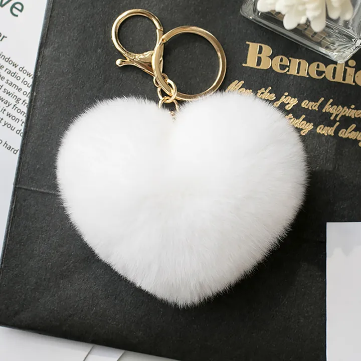 Fluffy Heart Pompom Keychain for Women - Soft Faux Rabbit Fur, Alloy Material, 9x14.5 cm