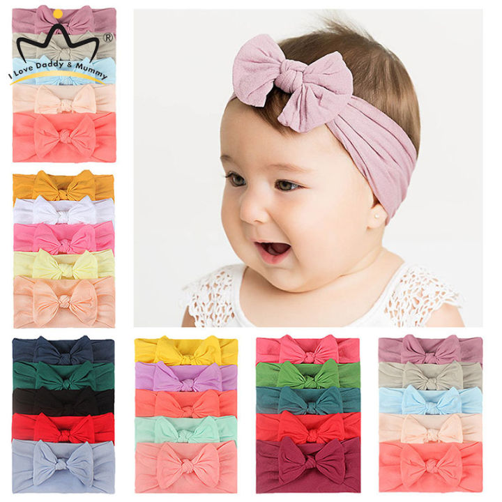 【Quality】 5Pcs/Set Newborn Baby Hair Accessories Solid Color Nylon Elastic Bows Knotted Baby Headband Girls Turban Girl Headbands