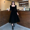 bellylady Women Cotton French Velvet Dress Retro Square Collar Puff Sleeves Simple Solid Color Large Swing Long Sleeves Dress. 