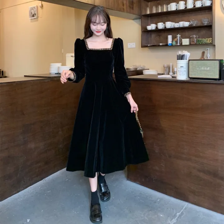 bellylady%20Women%20Cotton%20French%20Velvet%20Dress%20Retro%20Square%20Collar%20Puff%20Sleeves%20Simple%20Solid%20Color%20Large%20Swing%20Long%20Sleeves%20Dress%20-%20Image%208