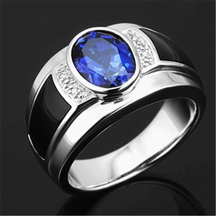 【ZIME】Fashion sapphire gemstones  crystal black agate diamonds rings for men white  silver color jewelry party bague