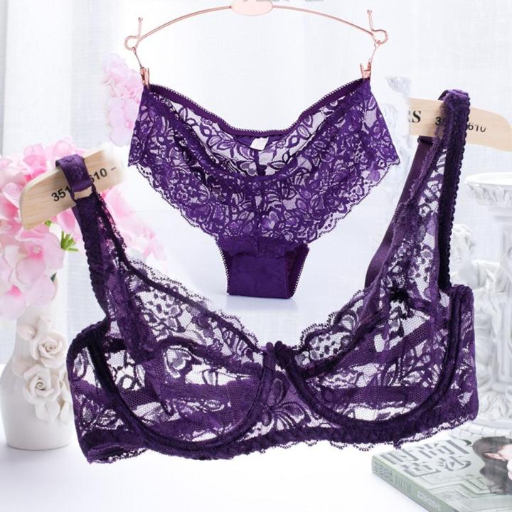 Bra Set Women Set Underwire Ultra Thin Transparent Full Lace Female Comfortable Underwear Sleeping Bra Set Large Size Thin