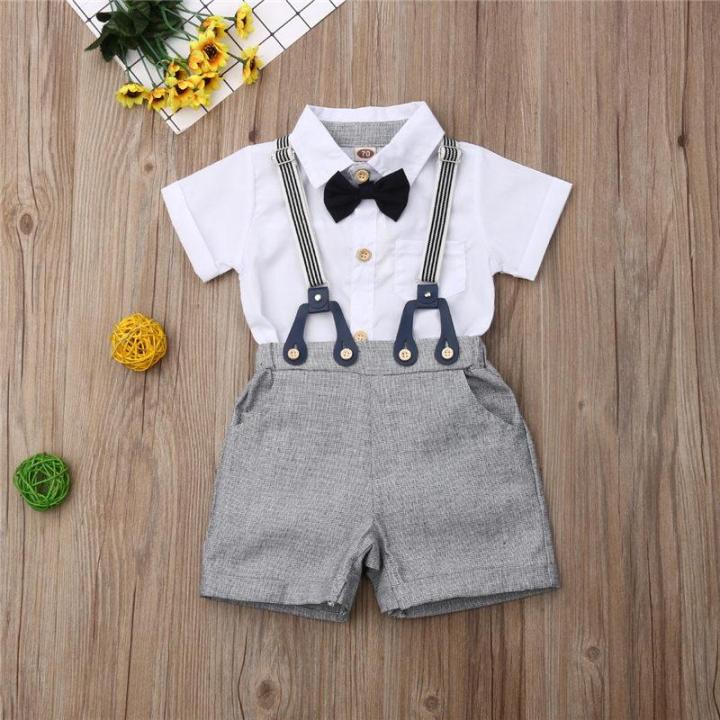 2PCS Kids Baby Boys Short Sleeve Gentleman Tops Blouse+Bib Shorts