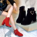 Autumn and Winter New Thick Heel Fleece-Lined Women's Short Boots round Toe High Heels Red Wedding Shoes Warm Ankle Boots All-Matching Cotton Shoes Women's Boots. 