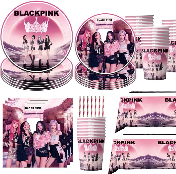 Super Star Black Pink Theme Birthday Party Decoration Korean Girl Party Supplies Pink Tablecloth Cups Balloons 9inch Plates Toy