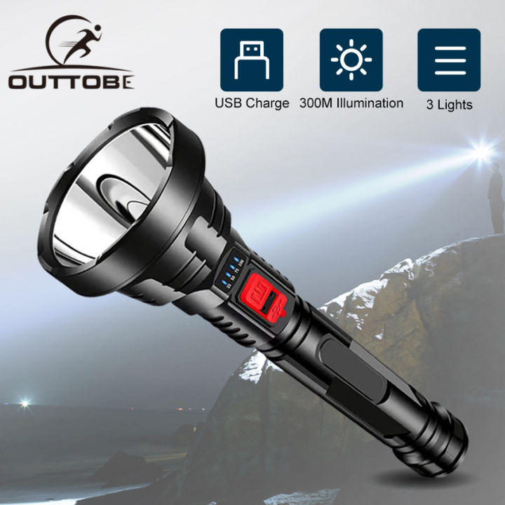 Outdoor Flashlights Emergency Electric To-rch  Light Portable Lamp Light Camping Hiking Work Lights Flashlight Bright Searchlight Spotlight 300M Distance USB Rechargeable Flashlight