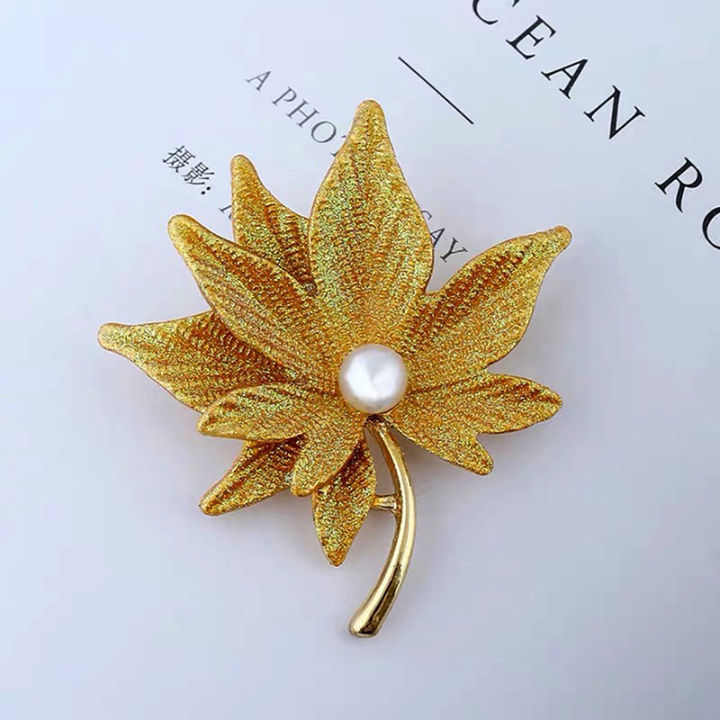 Crystal Maple Leaf Brooches Pin With Fake Pearl Women  Lapel Pin Girl  Decor Sunlight Mall