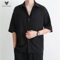ACHS AWAKE Black Shirt Men's Short-Sleeved Summer Senior Pu Handsome Men's Casual Men's Clothing White Shirt Trendy Boys. 