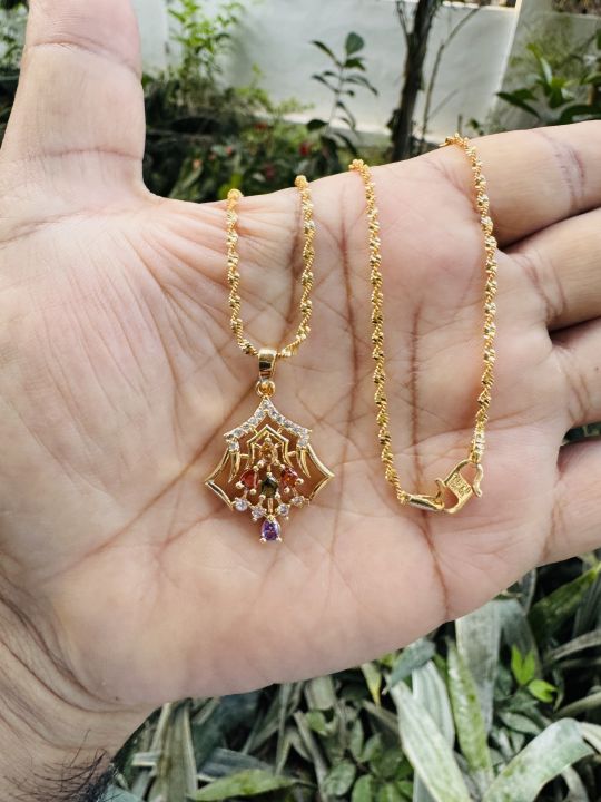 Gold%20plated%202%20mm%2018/24%20Inch's%20KERALI%20chain%20with%20Spider%20design%20multi%20stone%20Pendant%20for%20women%20and%20Girl%20-%20Image%204