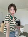 POLO Collar Striped Sweater for Women Spring and Summer 2024 New Design Sense Slim Fit Slimming and Short Hot Girl Short Sleeve Top. 