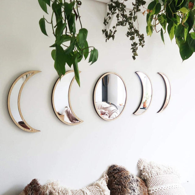 【Folio & Light】5 Piece Wooden Acrylic Moon Mirror Moon Cycle Variation Decorative Wall Mirror Creative Bohemian Mirror