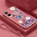 Vivo Y03 Little Daisy Luxury Butterfly Flower Casing Square Edges Plating Back TPU Soft Case with Lanyard Cover. 
