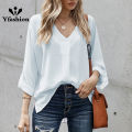 Yfashion Women Summer Loose Shirt V Neck Long Sleeve Roll Up Sleeve Solid Color Tunic Tops Business Casual Shirts Work Tops. 