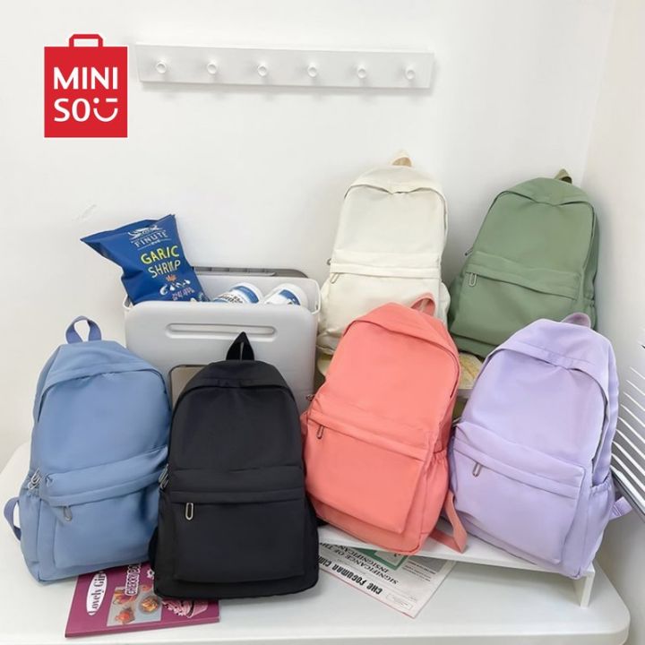 👍MINISO Women Schoolbag Waterproof Large Capacity School Backpack Smooth Zipper Solid Color Teens Girl Casual Daypack Bag Student Supply