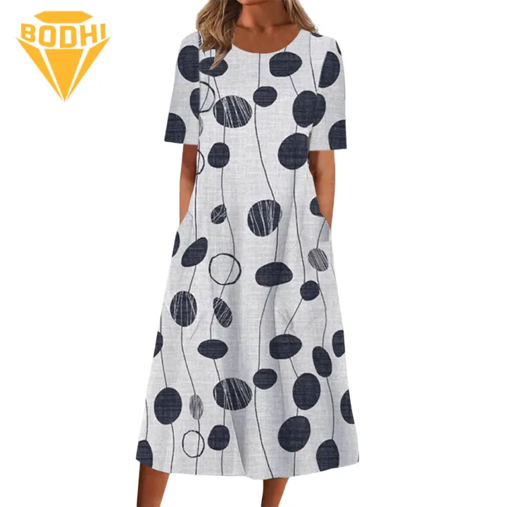 Printed Midi Dress Floral Print O Neck A-line Midi Dress with Pockets for Women Soft Breathable Summer Daily Wear Style Elegant Round Neck Dress