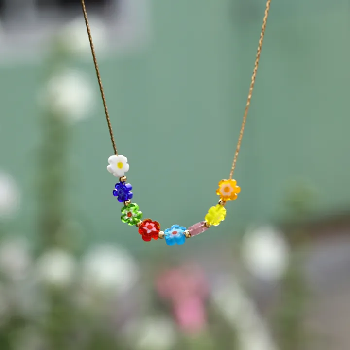 Korean%20Simple%20Cute%20Fashion%20Alloy%20Chain%20Jewelry%20Colorful%20Flower%20Beads%20Pendant%20Necklace%20For%20Women%20Girls%20-%20Image%204