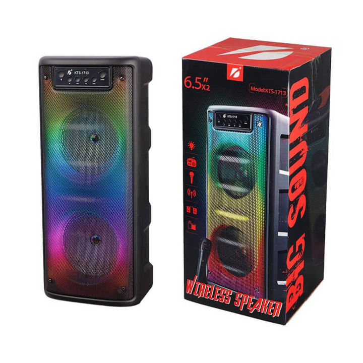 KTS-1713 6.5in x 2 Portable Wireless Bluetooth Speaker Partybox with Mic LED Light RGB Support Mic, FM, AUX, USB, SD Card Karaoke Speaker Buffel Subwoofer Music Player Party Box with Microphone KTS Speaker KTS 1713