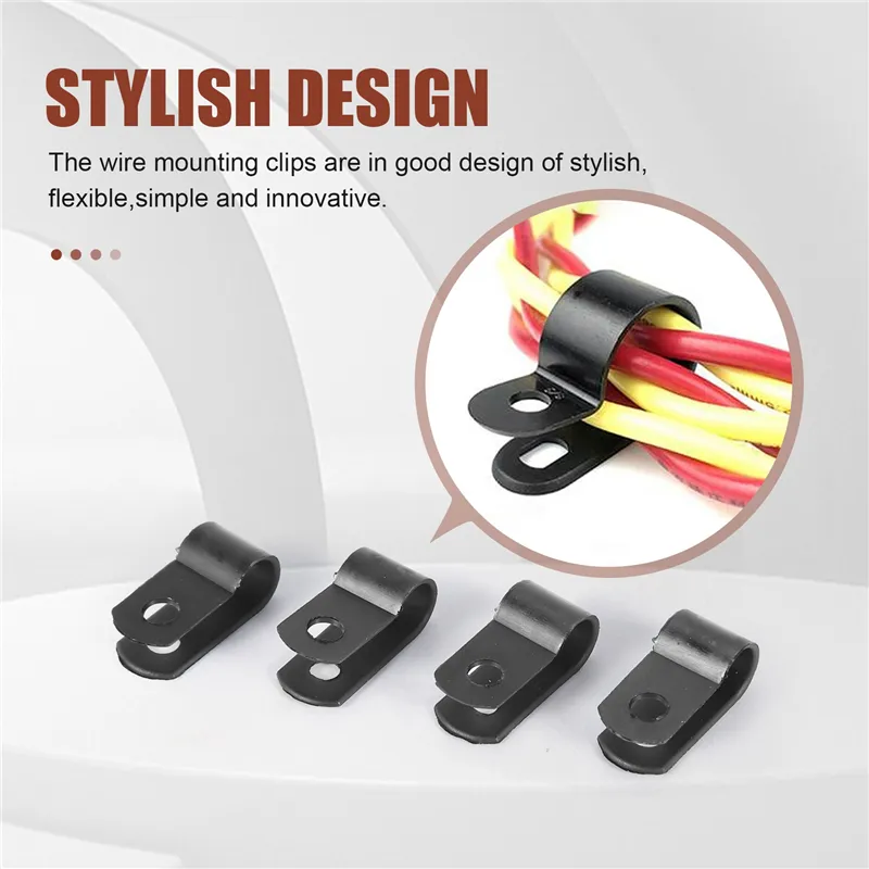 Eilumduo 100 Pack R-Type Cable Fastener Wire Clamp, 1/4 Inch Black Nylon Screw Mounting Cord Fastener Clips For Cable Management,Cord Organizer And Cord Holder