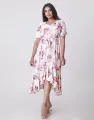 Spring & Summer Printed Puff Sleeves High Low Hem Dress. 