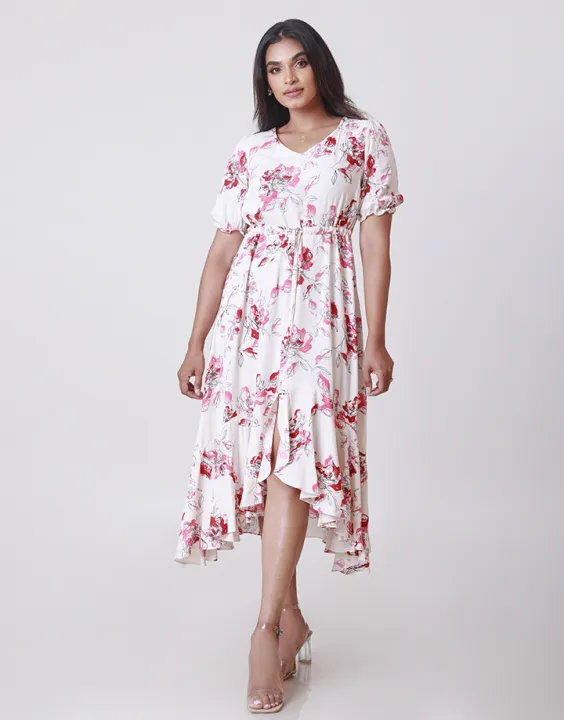 Spring & Summer Printed Puff Sleeves High Low Hem Dress