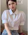 Women’s White Puff Sleeve Cropped Shirt – Button-Down Summer Blouse. 