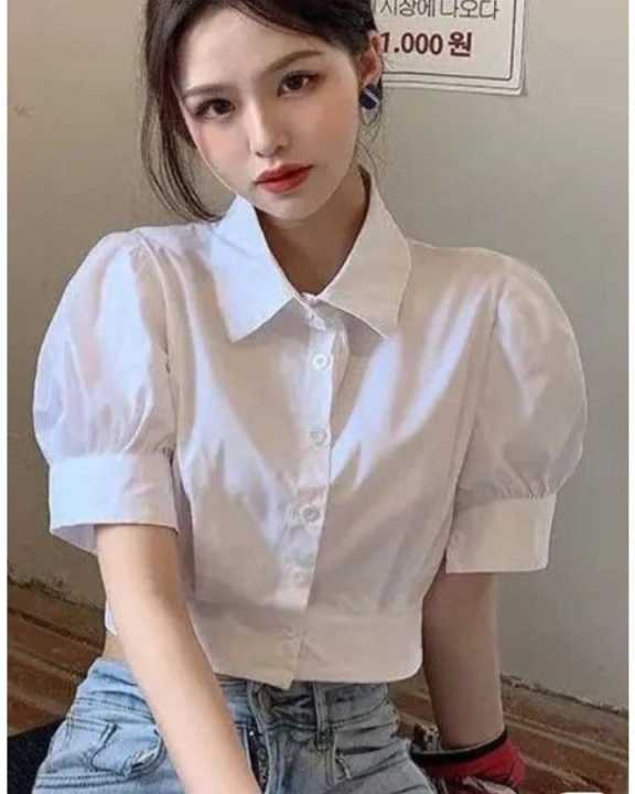 Women’s White Puff Sleeve Cropped Shirt – Button-Down Summer Blouse