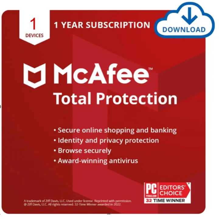 McAfee Total Protection 2022 | 1 Device, 1 Year | Antivirus Internet Security Software | Password Manager & Dark Web Monitoring Included | PC/Mac/Android/iOS | Email Delivery