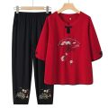 Middle-Aged and Elderly Women's Dress New Chinese Style Cotton and Linen Embroidered Top Pants Suit Women's Summer Half Sleeve Embroidered Two-Piece Suit Fashion. 