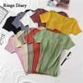 Rings Diary Women Soft Rib Knit Tees Summer Knitting V Neck Short Sleeve Slim Fit Basic Tshirts Retro Basic Going Out Cute Tops. 