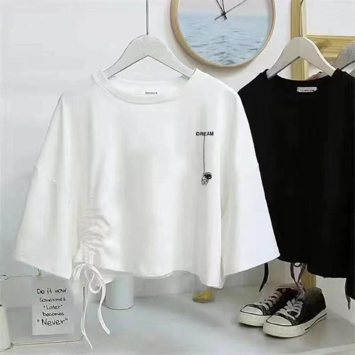 Black Niche Design Irregular Drawstring Short SleeveTT-shirt Women's Summer New Korean Style Loose Crop Top Fashion