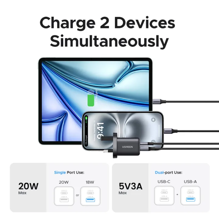 UGREEN%2020W%20GaN%20Fast%20Wall%20Charger%201%20USB%20C%201%20USB%20A%20Port%20Charger%20with%20QC%20Portable%20for%20iPhone%2017%2016%2015%20Pro%20Max%20iPhone%2016%2015%20Plus%20iPad%20Pro%20Samsung%20S25%20Ultra%20S24%20Huawei%20Mate%2060%20Xiaomi%2014%20-%20Image%204