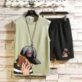 Summer New Sports Vest Men's Fashion Vest Outer WearinsLoose Waistcoat Anime Print SleevelessTT-shirt Set. 