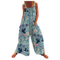 Yfashion Women Cotton Jumpsuit Fashion Printing Boat Collar Sleeveless Strap Rompers Loose Wide-leg Jumpsuits color. 