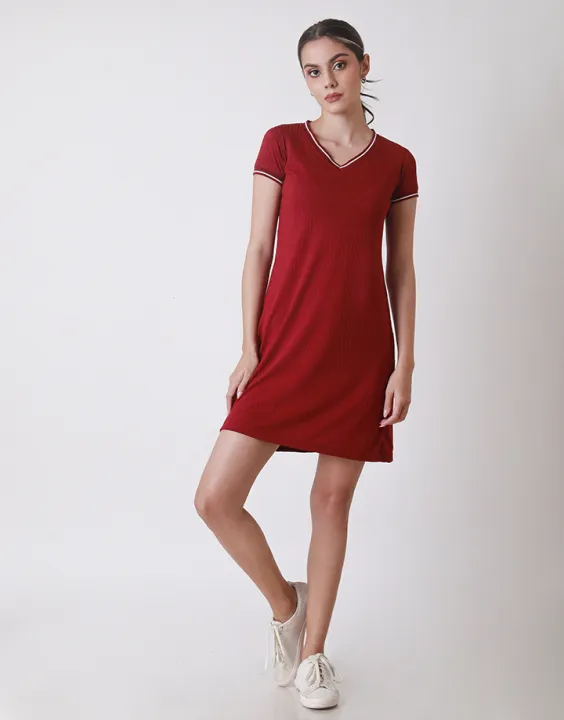 Spring & Summer Ribbed Trim T-Shirt Dress