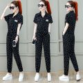 One-Piece/Set 2023Summer New Fashion Slimming Short-Sleeved Printed Top Wide-Leg Pants Casual Two-Piece Suit Women. 