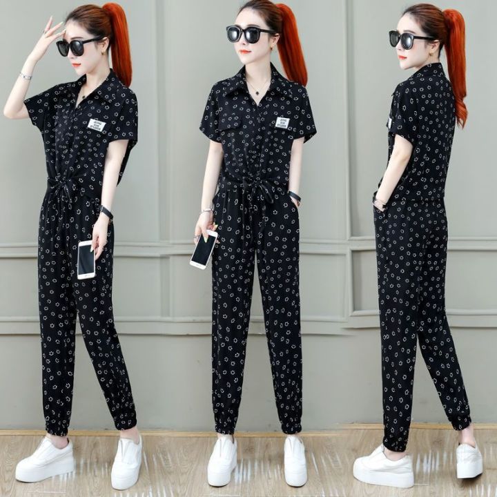 One-Piece/Set 2023Summer New Fashion Slimming Short-Sleeved Printed Top Wide-Leg Pants Casual Two-Piece Suit Women