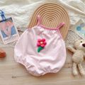 Pink Summer Girls 0-24M Cotton Kids Baby Girl Jumpsuits - Sling Design with 3D Flower Letter Print Bodysuits for Infant Toddler. 