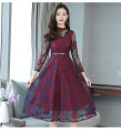 bellylady Women Cotton Lace Dress Fashion Long Sleeves Middle Waist A-line Skirt Elegant Mid-length Dress For Party Wedding. 