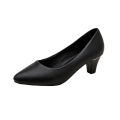 Professional Women's Shoe Summer High Heels Black Leather Shoes Formal Clothes Interview Work Shoes round Head Chunky Heel Mid Heel Work Shoes Women. 
