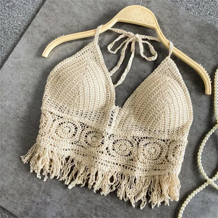 Tassel Tank Top Women's Embroidered Cotton Cropped Tank Hollow Out Knitted Bra for Beachwear Yoga Apparel Ladies Fashion Boho Style Casual Wear Summer