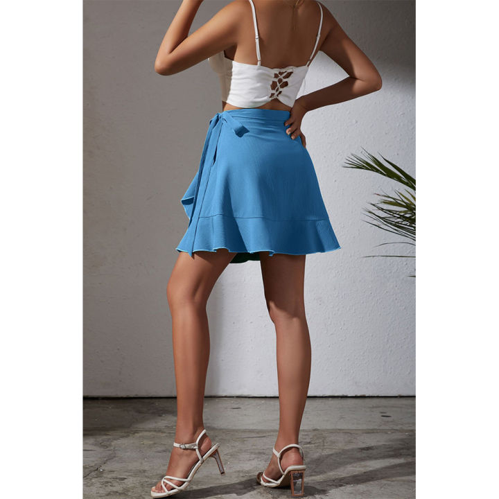 Yfashion%20Women%20Ruffle%20Skirt%20Summer%20Elegant%20High%20Waist%20Lace-up%20Simple%20Solid%20Color%20Short%20Skirt%20For%20Date%20Beach%20Party%20-%20Image%204