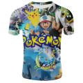 New style fashion short-sleeved anime Pokemon Pikachu floral print T-shirt summer round neck casual loose kids size shirt 3-14t. 