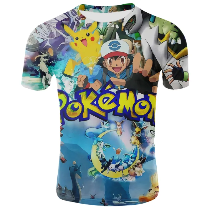 New%20style%20fashion%20short-sleeved%20anime%20Pokemon%20Pikachu%20floral%20print%20T-shirt%20summer%20round%20neck%20casual%20loose%20kids%20size%20shirt%203-14t%20-%20Image%202