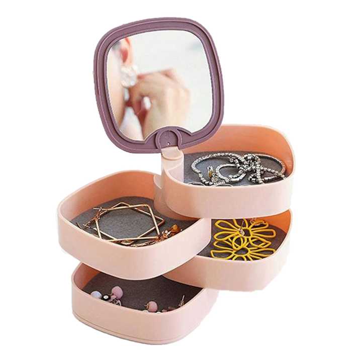 4 Layer 360 Degree Round Rotating Jewelry Organizer Storage Box, Earring Holder Travel Jewelry Case Small Necklaces Ring Jewelry Box Organizer with Mirror