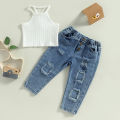 1-6Y Kids Girls Summer Clothes Sets Baby Solid Color Ribbed Sleeveless Vest Tops + Ripped Denim Pants Children Fashion Outfits. 