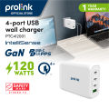 Prolink PTC412001 120W PPS PD GaN Fast Wall Charger Intellisense with Power delivery- Macbook Pro charger, Laptop charger USB-C adapter, iPhone 14, Samsung s22 Lenovo, Nintendo. 
