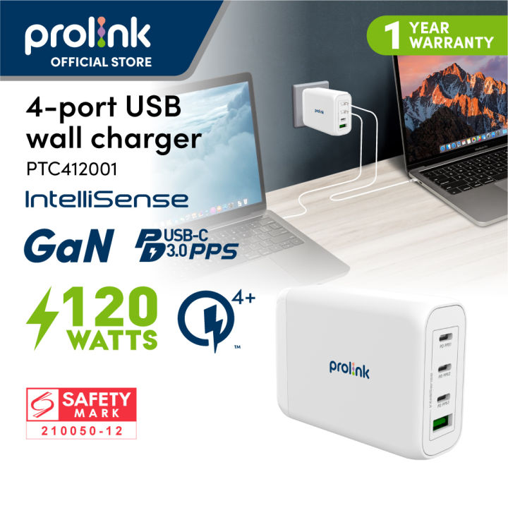 Prolink PTC412001 120W PPS PD GaN Fast Wall Charger Intellisense with Power delivery- Macbook Pro charger, Laptop charger USB-C adapter, iPhone 14, Samsung s22 Lenovo, Nintendo