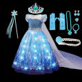 Disney Light up Fancy Elsa Costume 2024 Birthday Party Clothing Frozen Cosplay Snow Queen Dress with LED Kid Halloween Frock. 