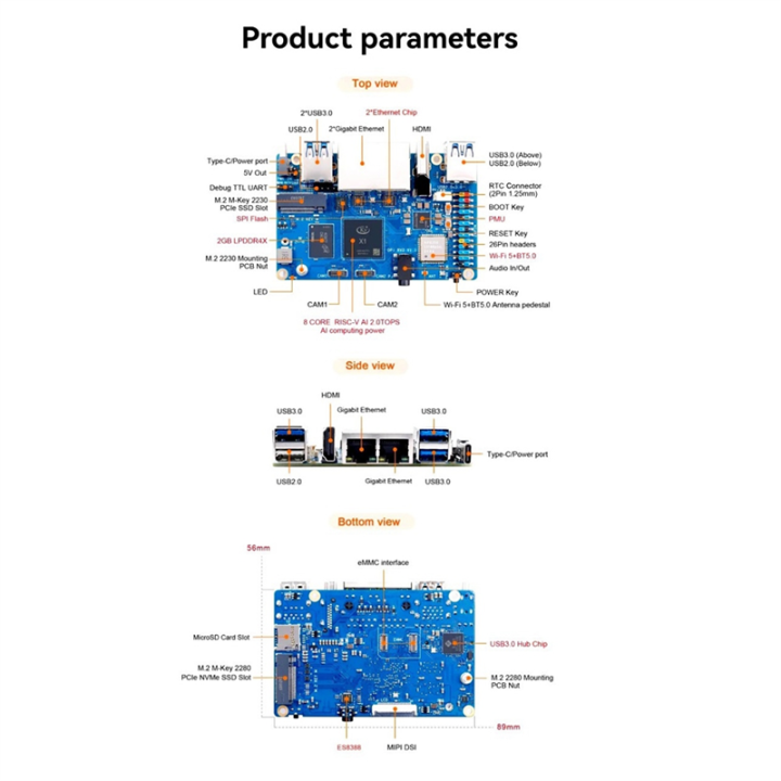 For Orange Pi RV2 Single Board DDR4 8-Core RISC-V 2TOPS AI CPU BT5.0 ...