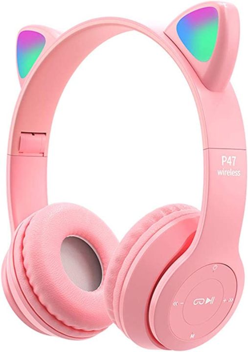 Wireless%20Gaming%20Headset,%20Bluetooth%205.0%20Cat%20Ear%20Headphones,%20Kids%20Headphones%20P47M,%20LED%20Light%20Up%20Bluetooth%20Over%20Ear%20Headphones%20for%20Kids%20and%20Adults%20Wearing%20-%20Image%202